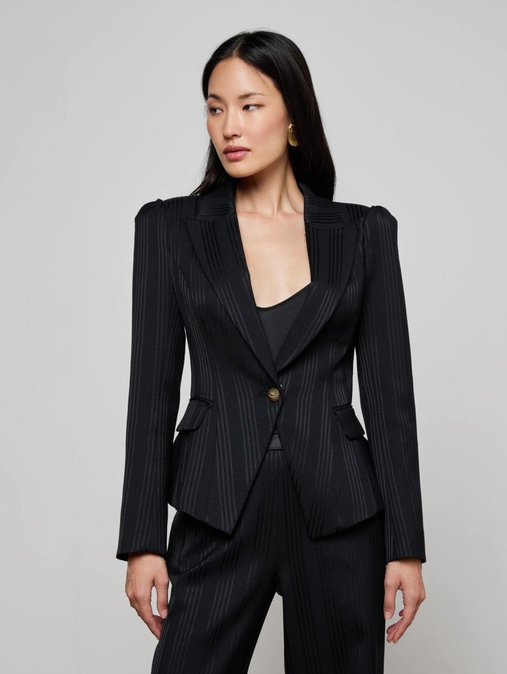 L'Agence Kaisley Faux Fur Collar Blazer Black Shadow Stripe - Picture 5 of 9